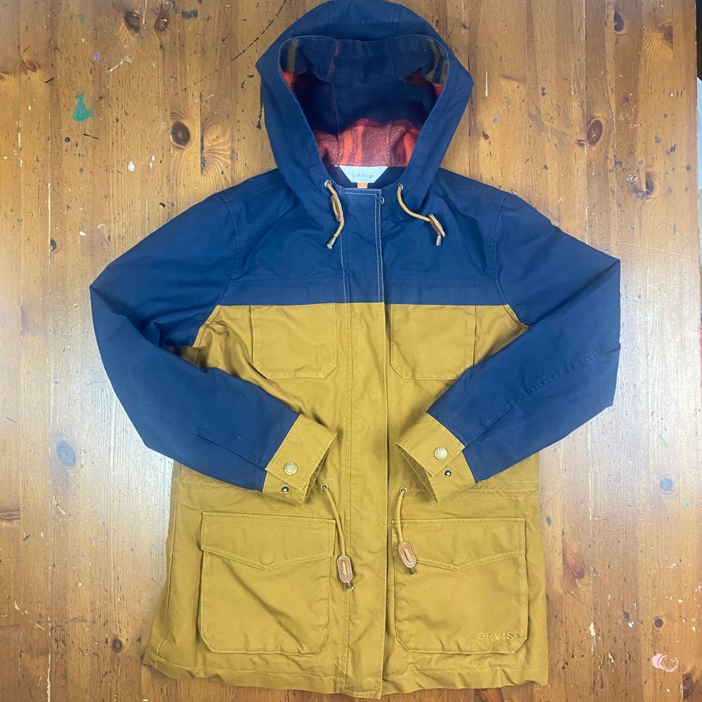 Orvis Men's Navy Blue Tan Canvas Plaid Lined Hooded Field Jacket Size‎ Medium